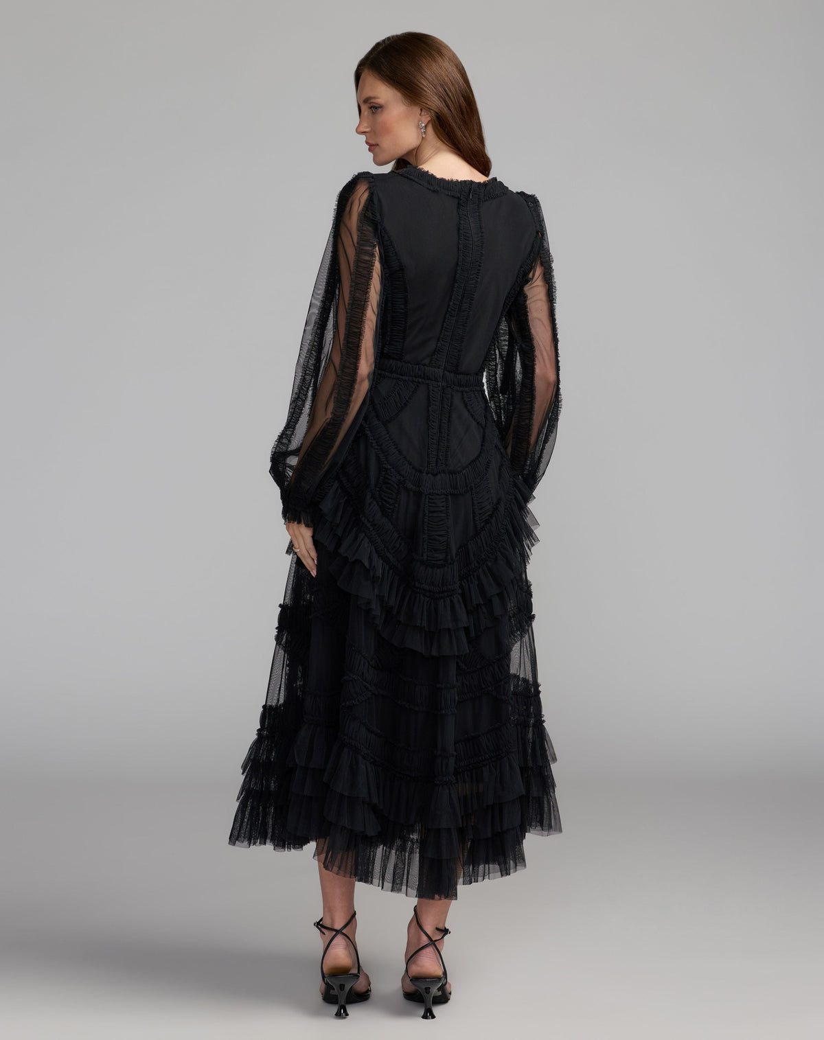 Black Long Sleeve V-Neck Micro Ruffle Midi Dress - Designer Collection