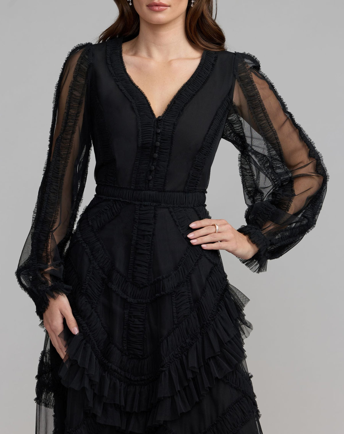 Black Long Sleeve V-Neck Micro Ruffle Midi Dress - Designer Collection