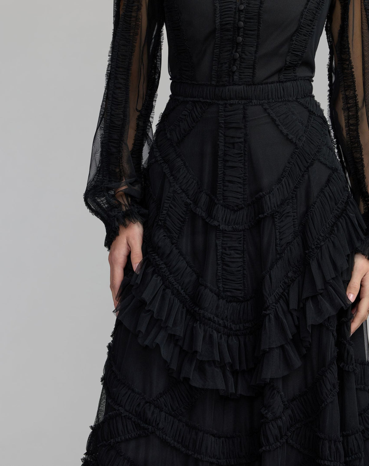 Black Long Sleeve V-Neck Micro Ruffle Midi Dress - Designer Collection