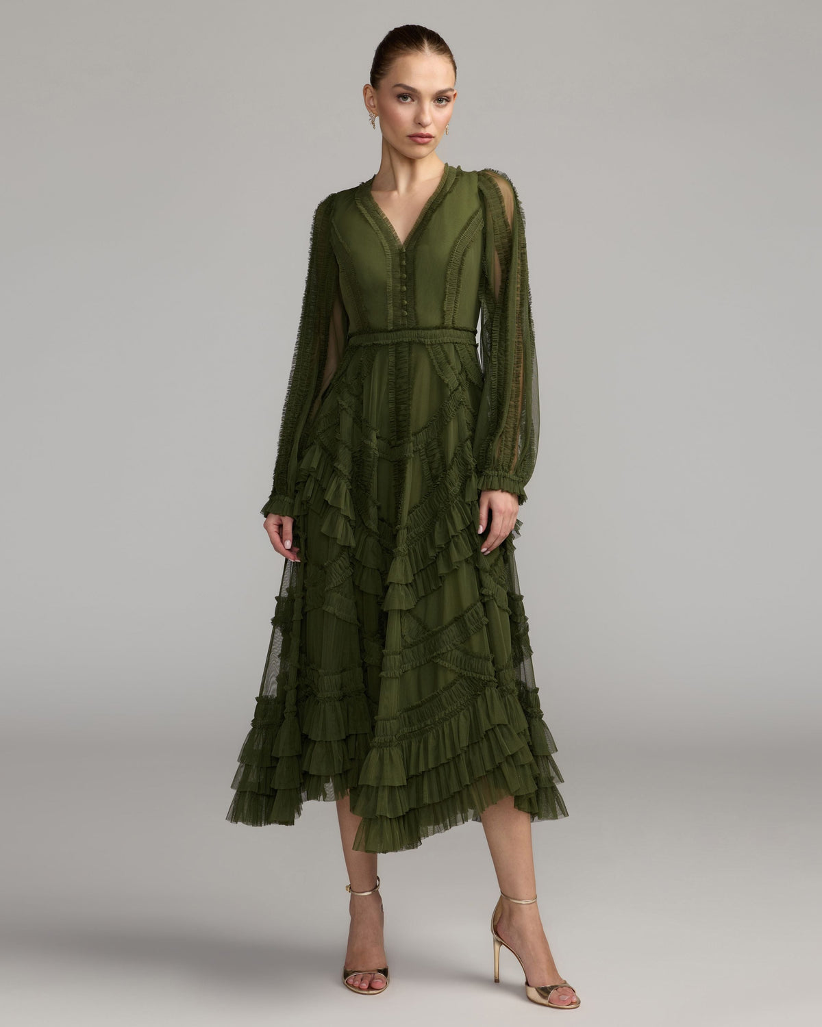 Green Long Sleeve V-Neck Micro Ruffle Midi Dress Designer Collection