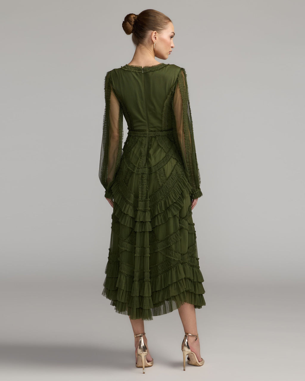 Green Long Sleeve V-Neck Micro Ruffle Midi Dress Designer Collection