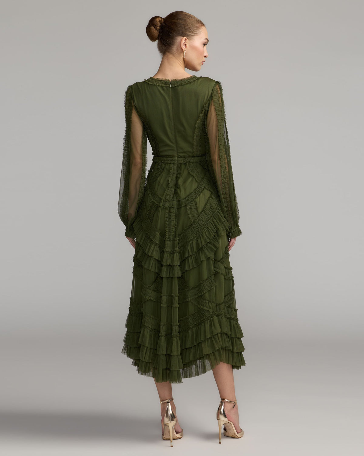 Green Long Sleeve V-Neck Micro Ruffle Midi Dress Designer Collection