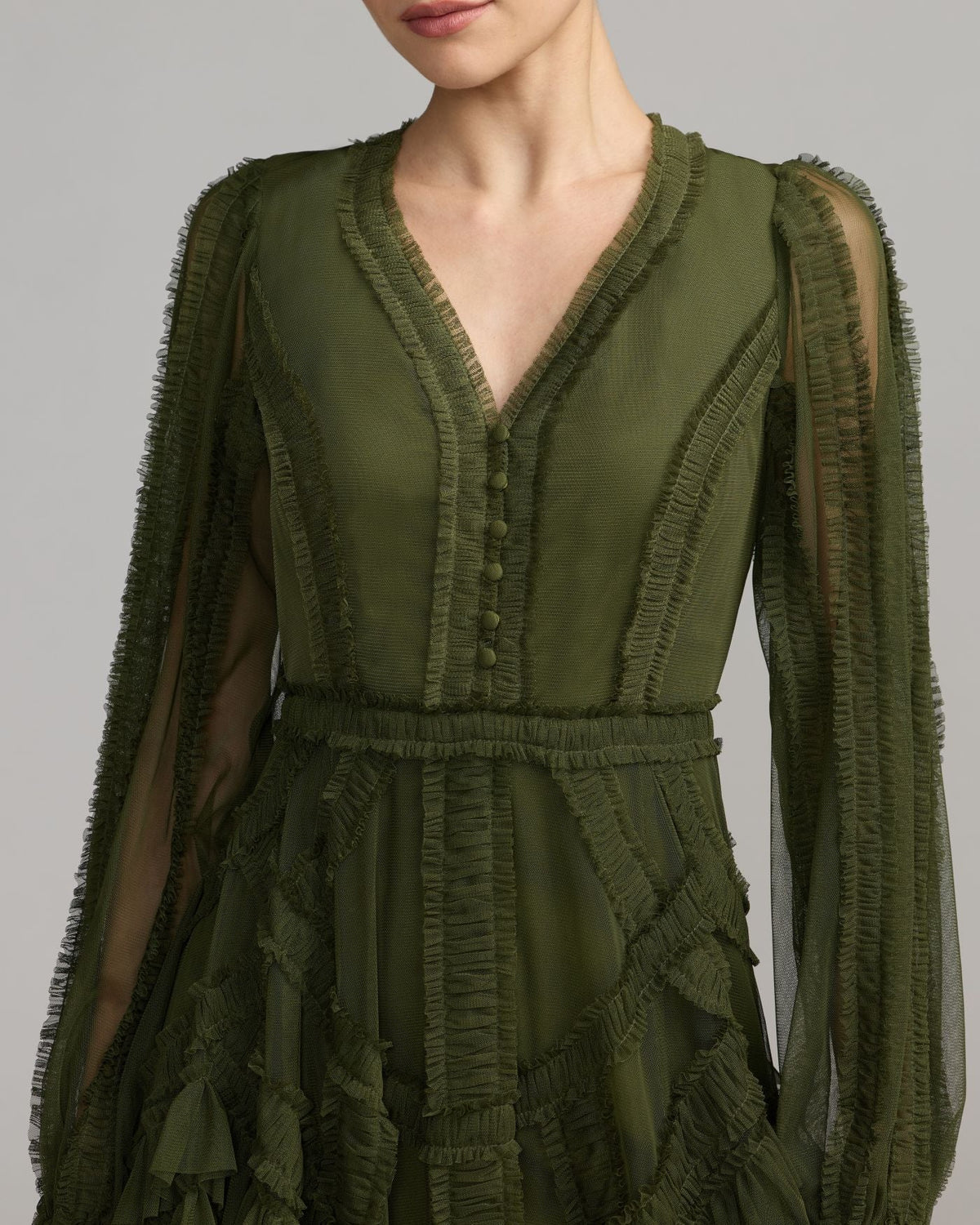 Green Long Sleeve V-Neck Micro Ruffle Midi Dress Designer Collection