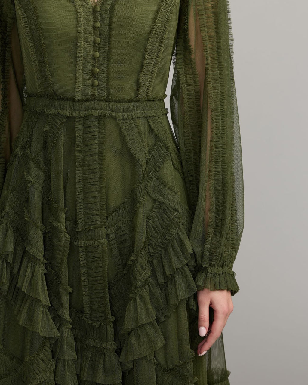 Green Long Sleeve V-Neck Micro Ruffle Midi Dress Designer Collection