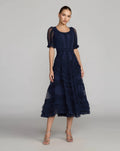 Navy Short Sleeve Micro Ruffle Midi Dress Designer Collection