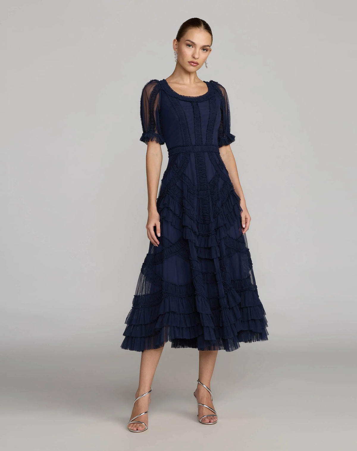 Navy Short Sleeve Micro Ruffle Midi Dress Designer Collection