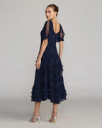 Navy Short Sleeve Micro Ruffle Midi Dress Designer Collection