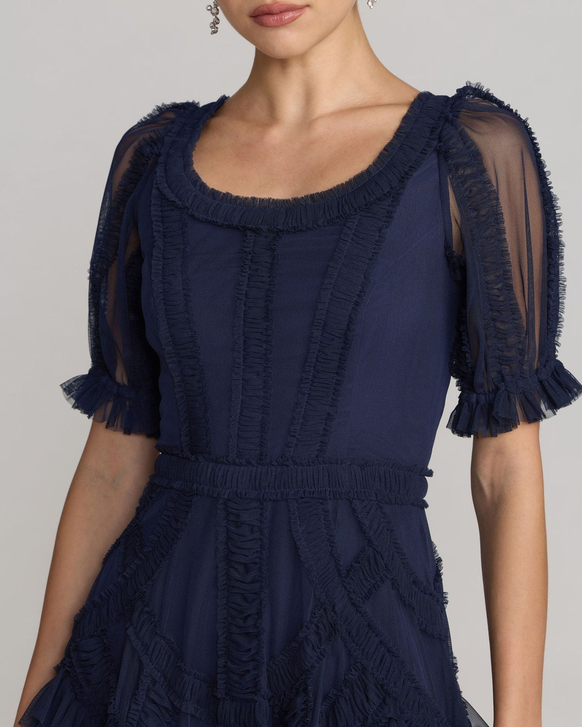 Navy Short Sleeve Micro Ruffle Midi Dress Designer Collection