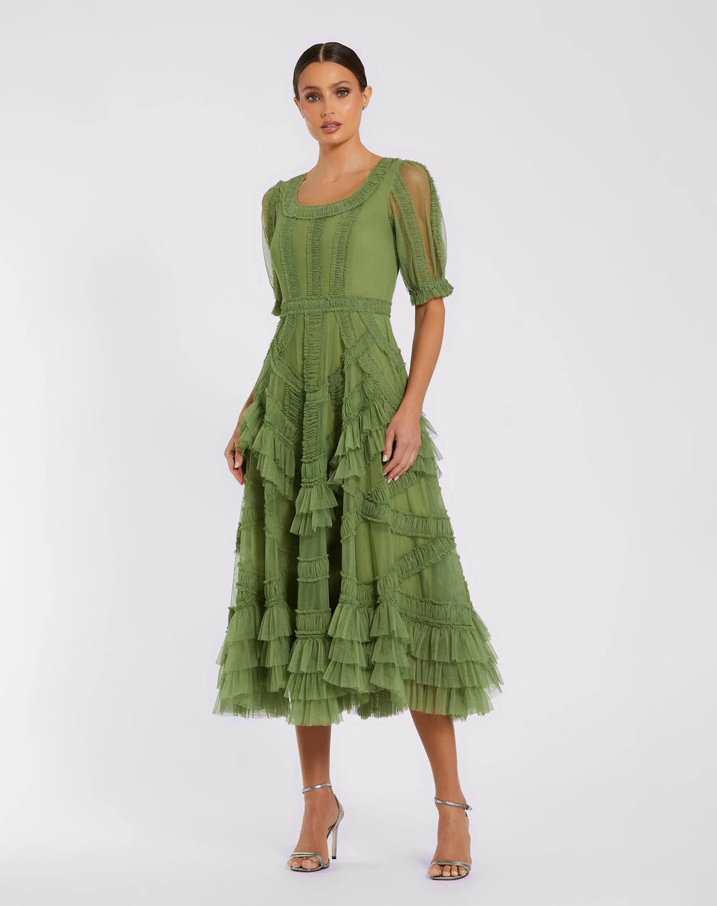 Green Short Sleeve Micro Ruffle Midi Dress - Designer Collection