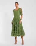 Green Short Sleeve Micro Ruffle Midi Dress - Designer Collection