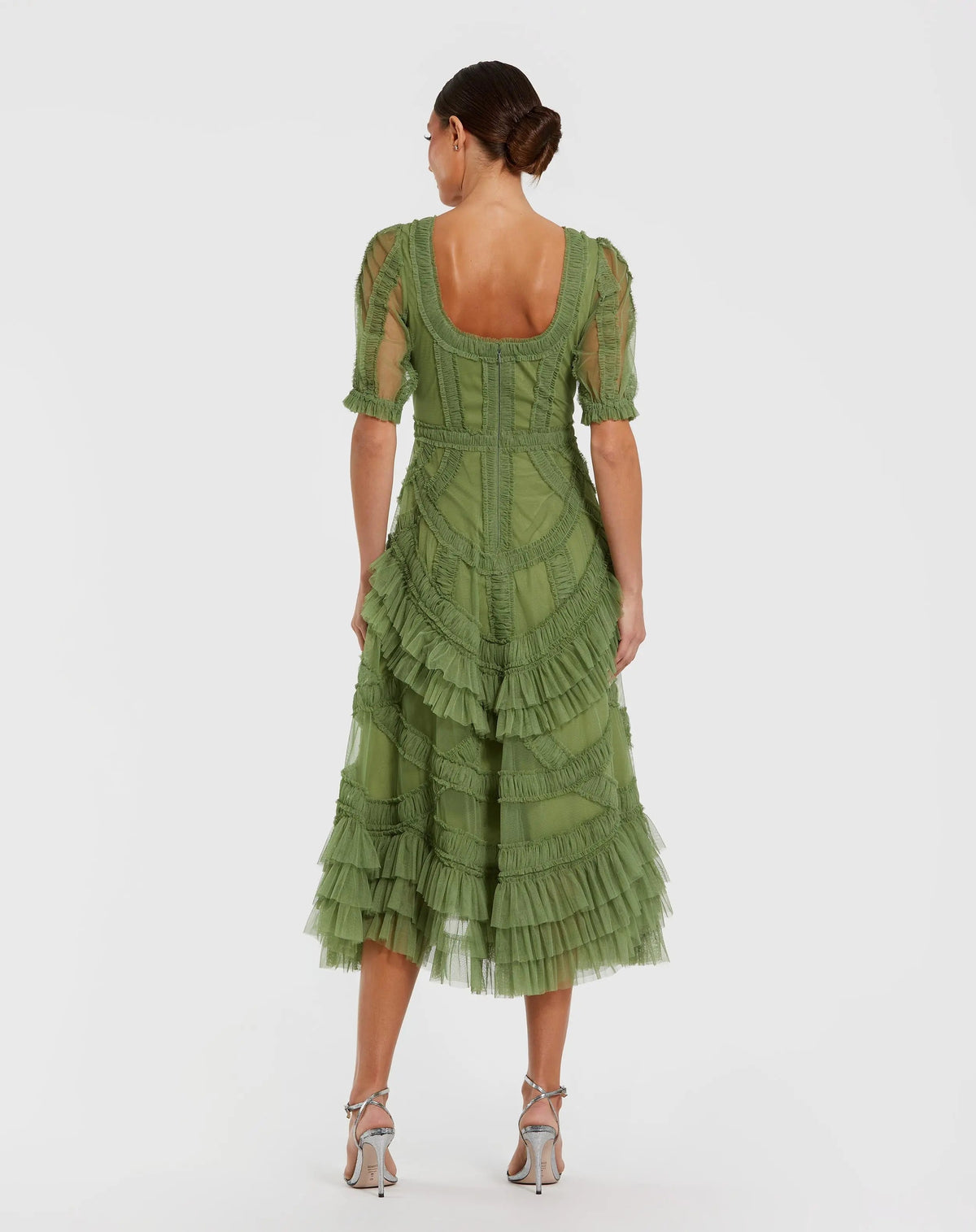 Green Short Sleeve Micro Ruffle Midi Dress - Designer Collection