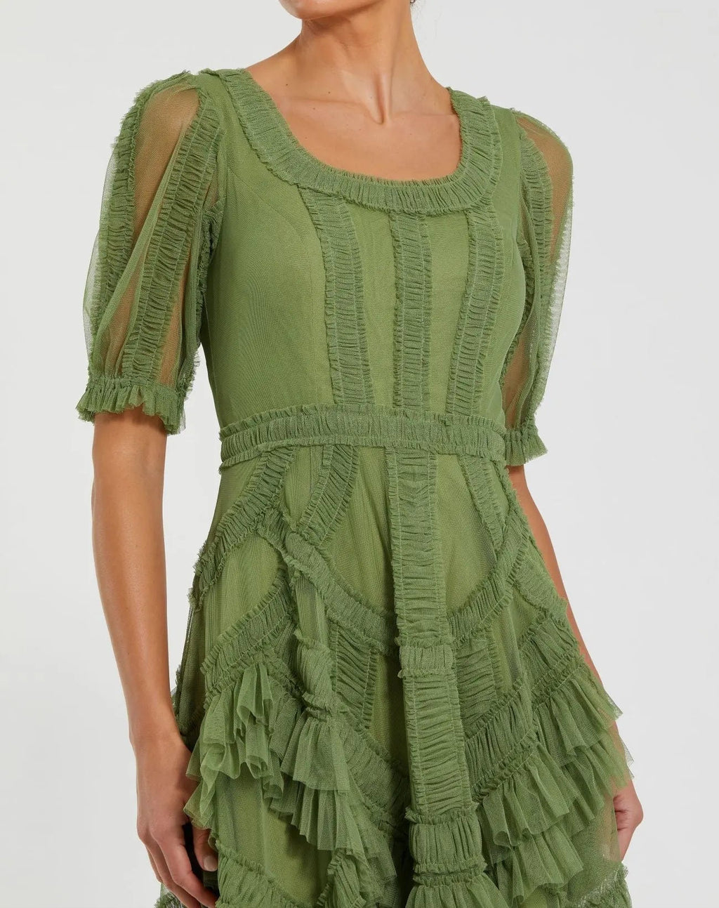 Green Short Sleeve Micro Ruffle Midi Dress - Designer Collection