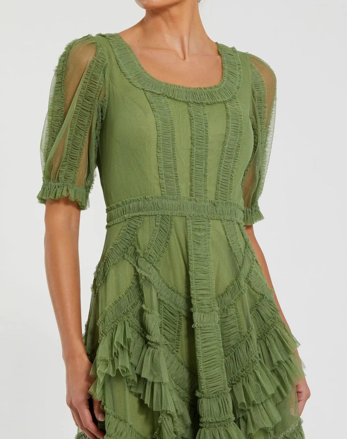 Green Short Sleeve Micro Ruffle Midi Dress - Designer Collection