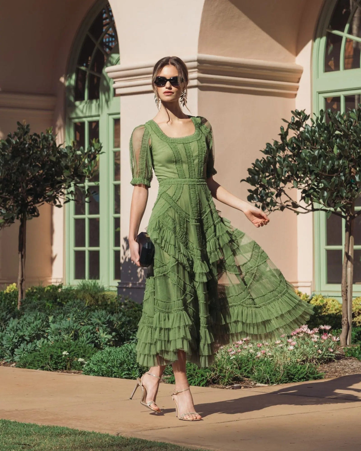 Green Short Sleeve Micro Ruffle Midi Dress - Designer Collection