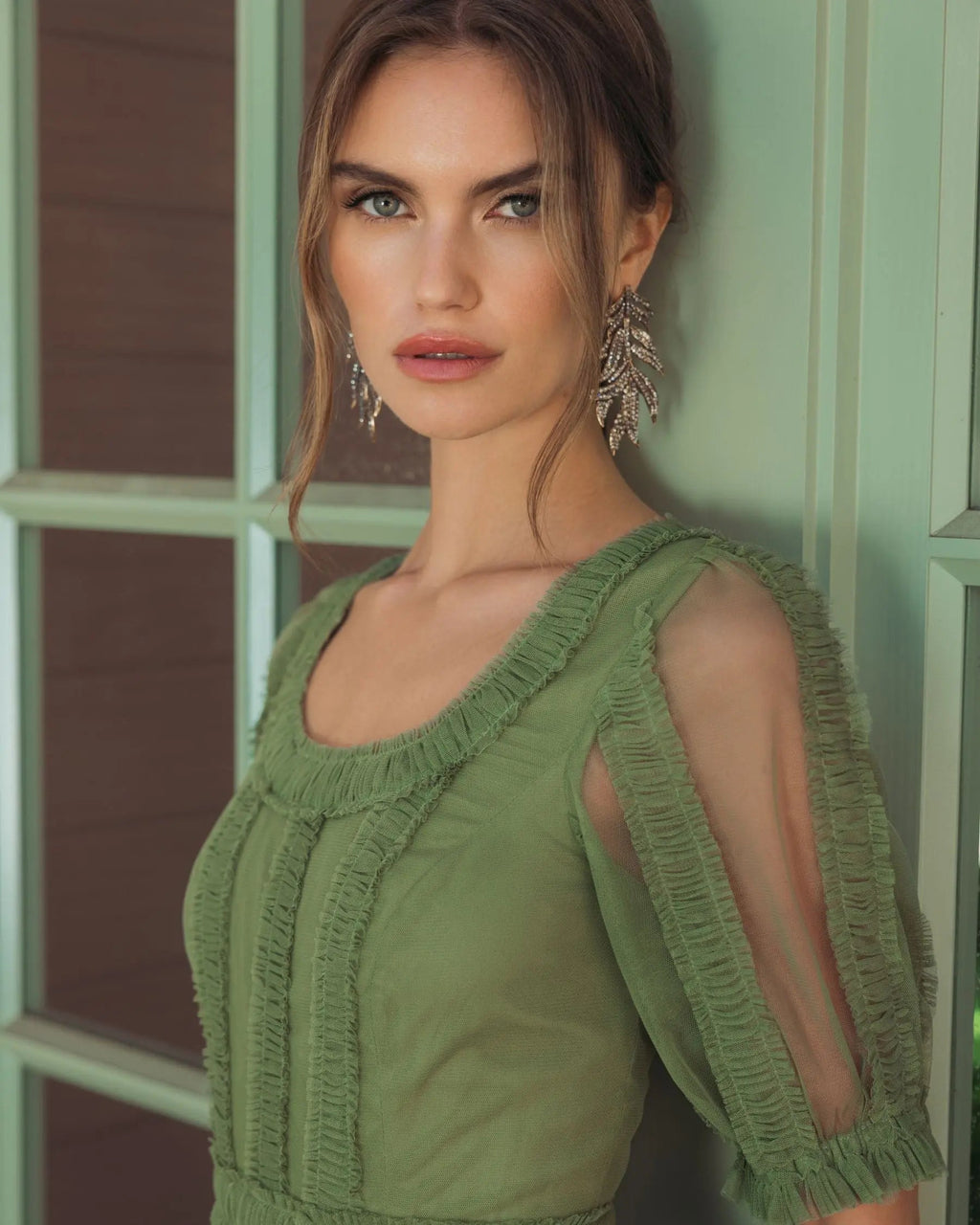 Green Short Sleeve Micro Ruffle Midi Dress - Designer Collection