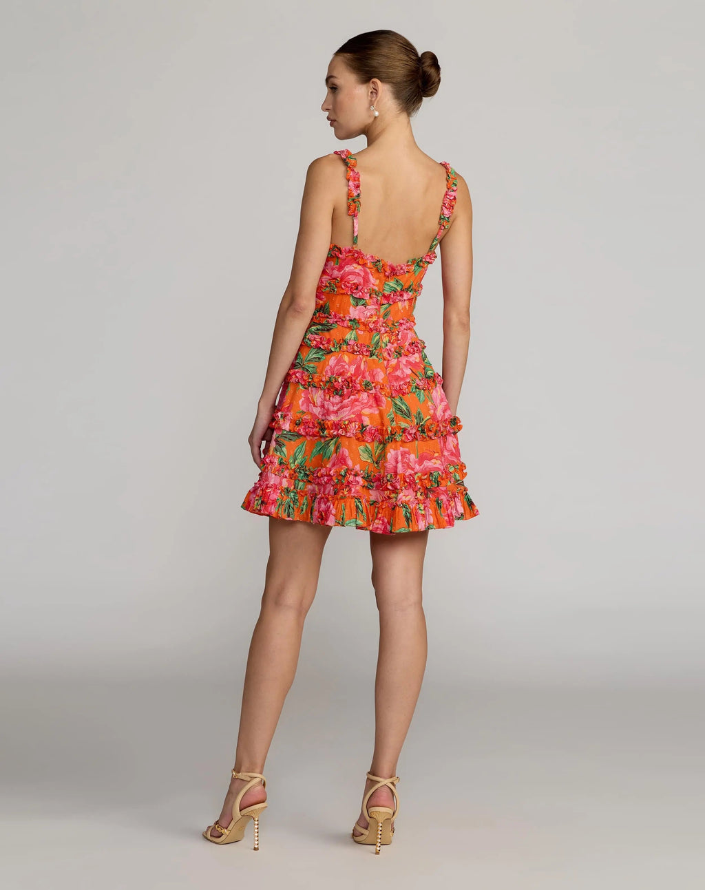 Orange Floral Square Neck Ruffled Cotton Mini Dress Designer Collection