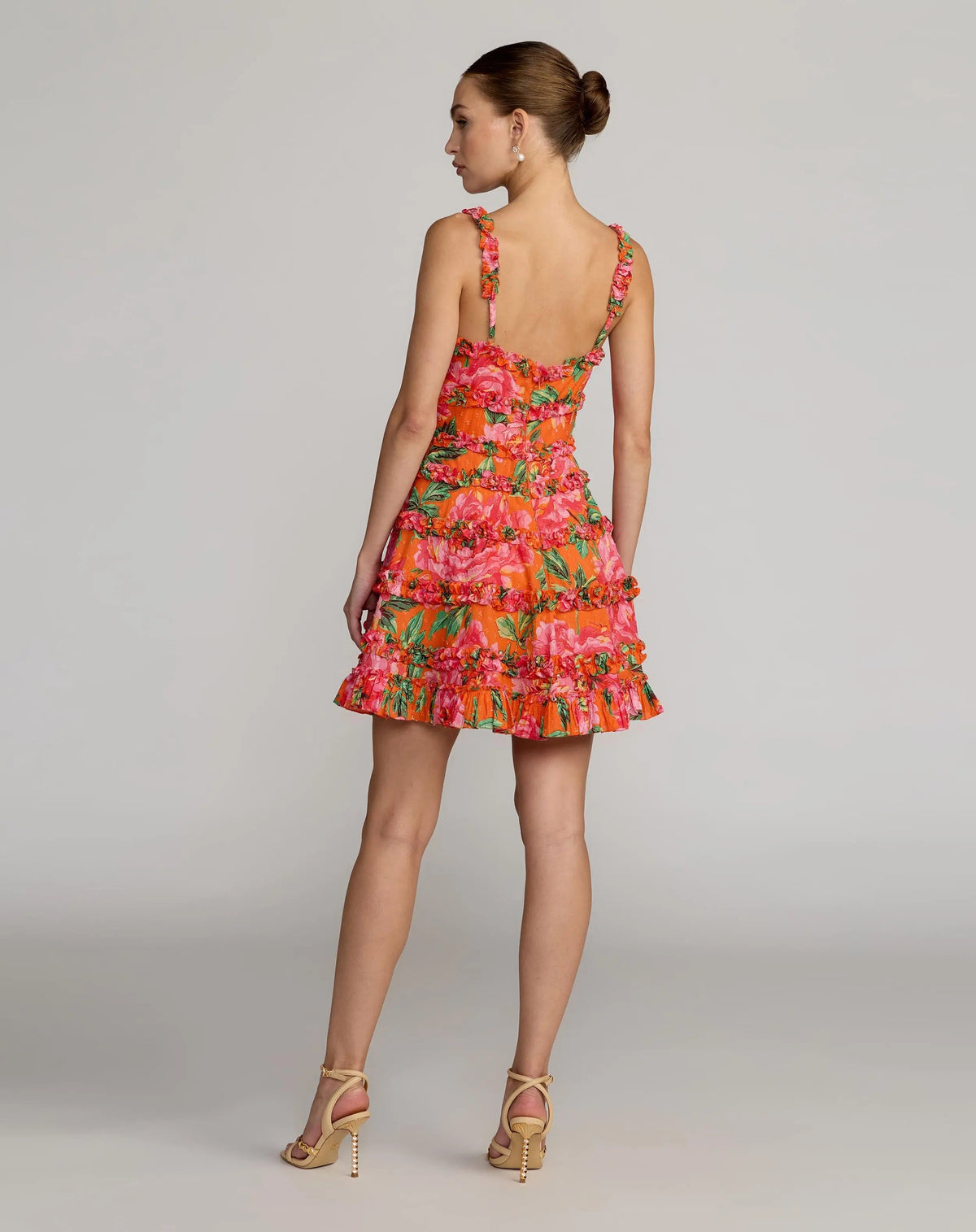 Orange Floral Square Neck Ruffled Cotton Mini Dress Designer Collection