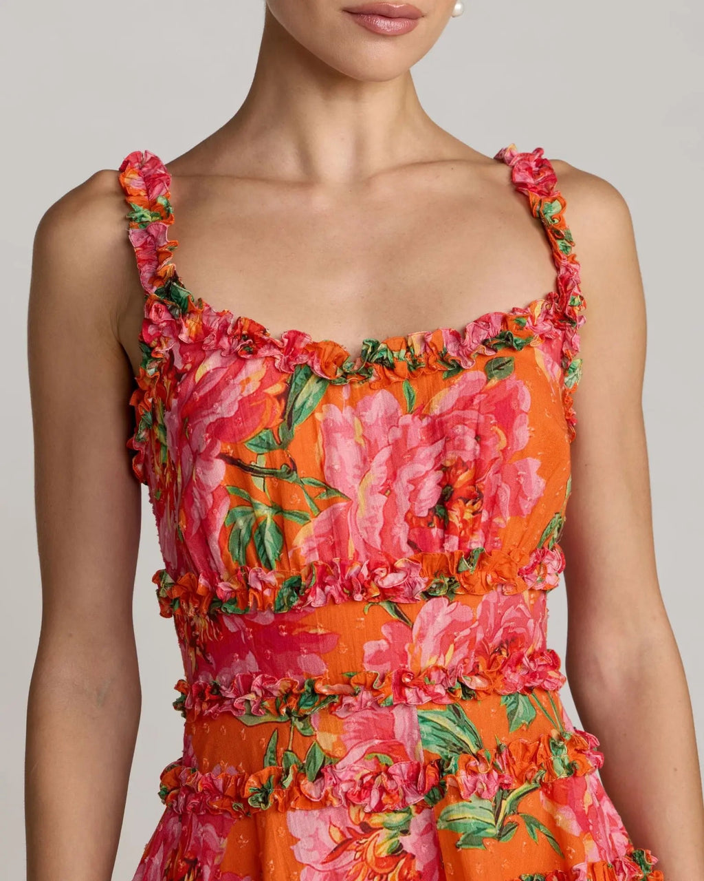 Orange Floral Square Neck Ruffled Cotton Mini Dress Designer Collection