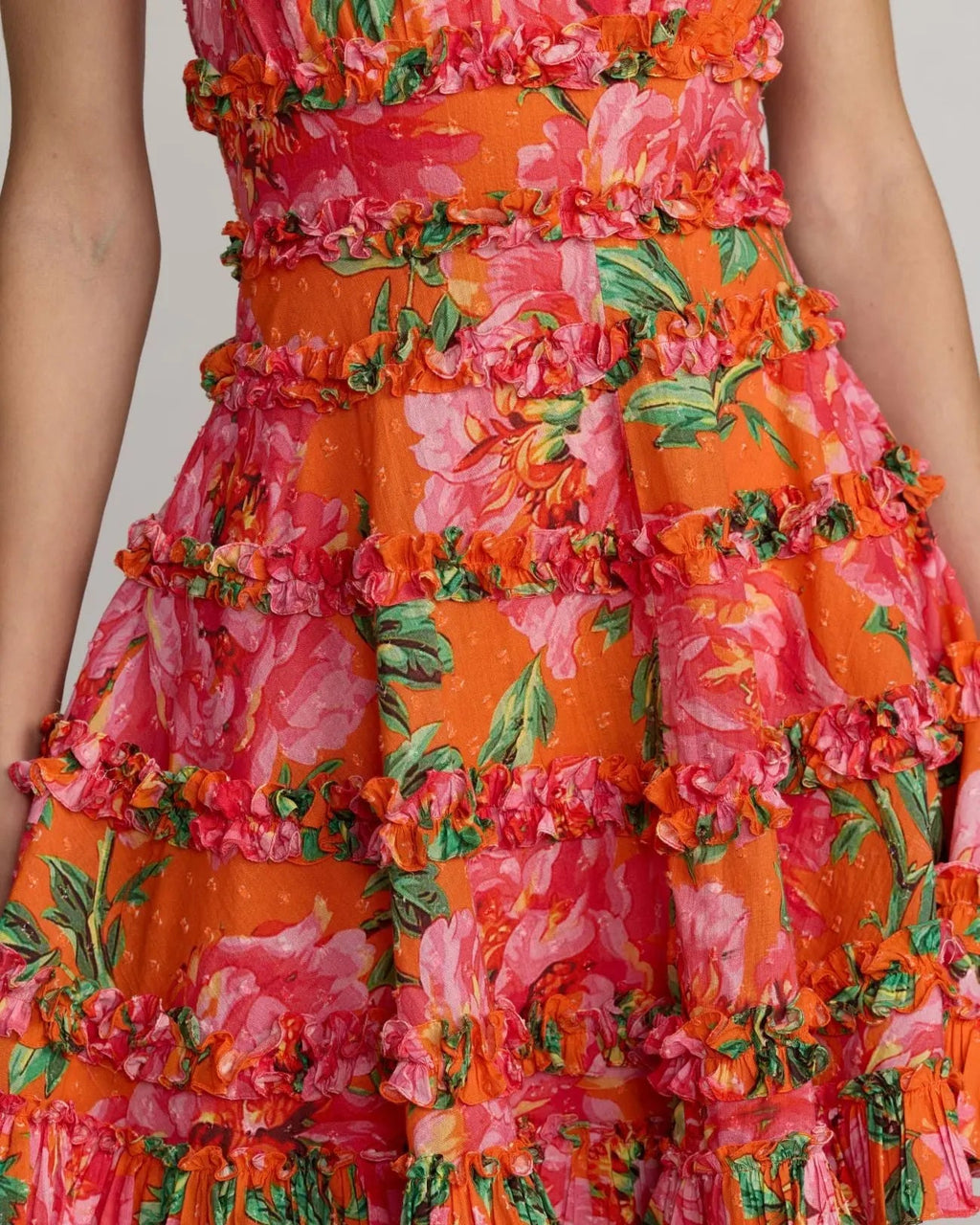 Orange Floral Square Neck Ruffled Cotton Mini Dress Designer Collection