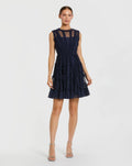 Navy High Neck Sleeveless Micro Ruffle Mini Dress - Designer Collection
