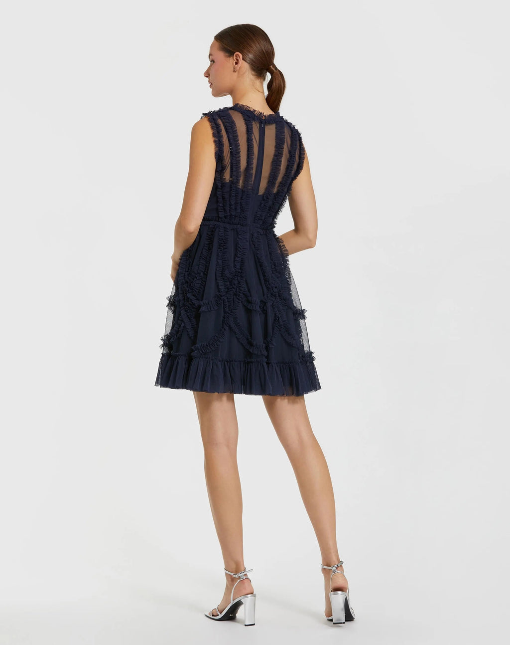 Navy High Neck Sleeveless Micro Ruffle Mini Dress - Designer Collection