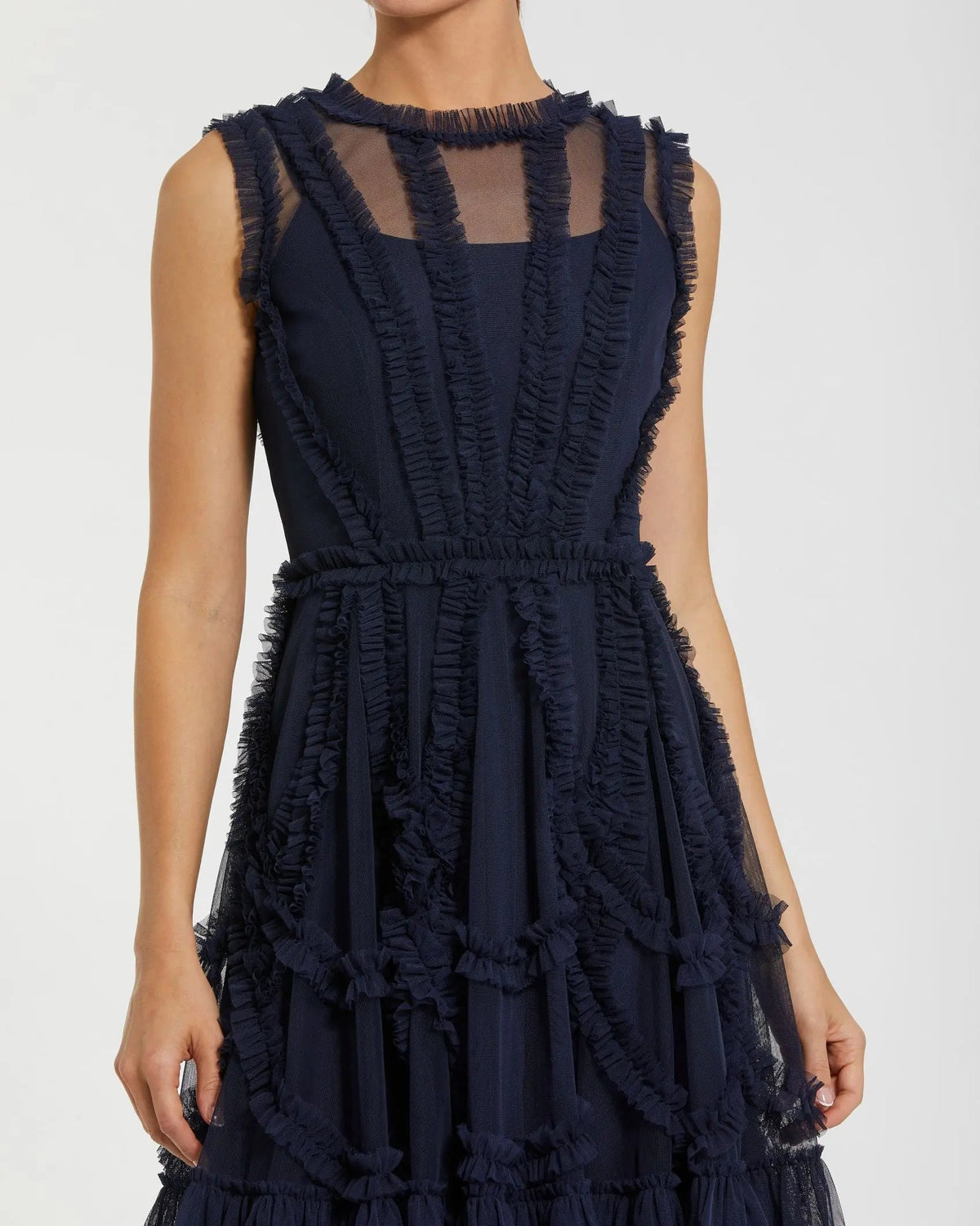 Navy High Neck Sleeveless Micro Ruffle Mini Dress - Designer Collection