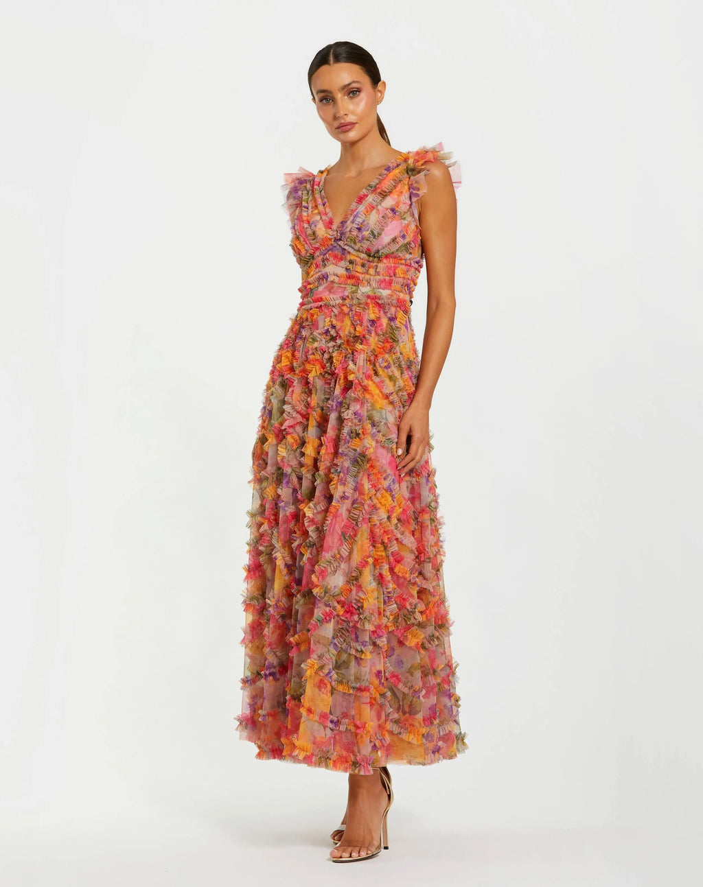 Multicolor Floral V-neck Ruffle Maxi Dress - Designer Collection