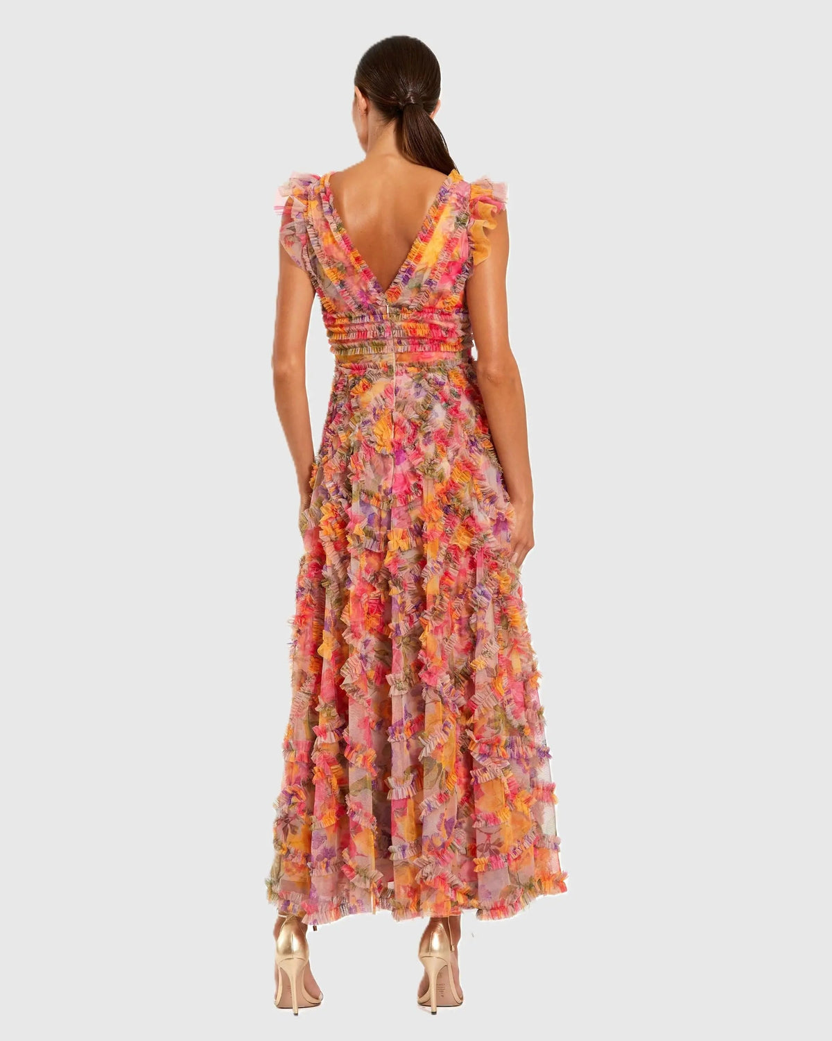 Multicolor Floral V-neck Ruffle Maxi Dress - Designer Collection