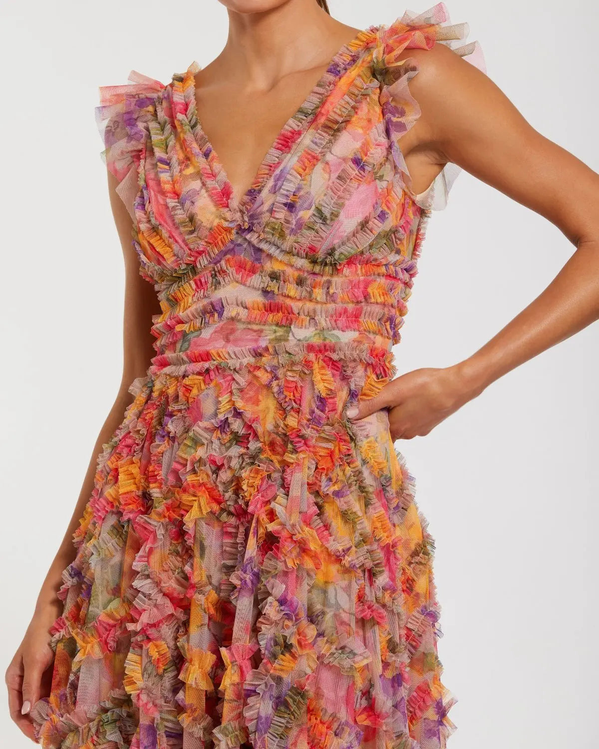 Multicolor Floral V-neck Ruffle Maxi Dress - Designer Collection