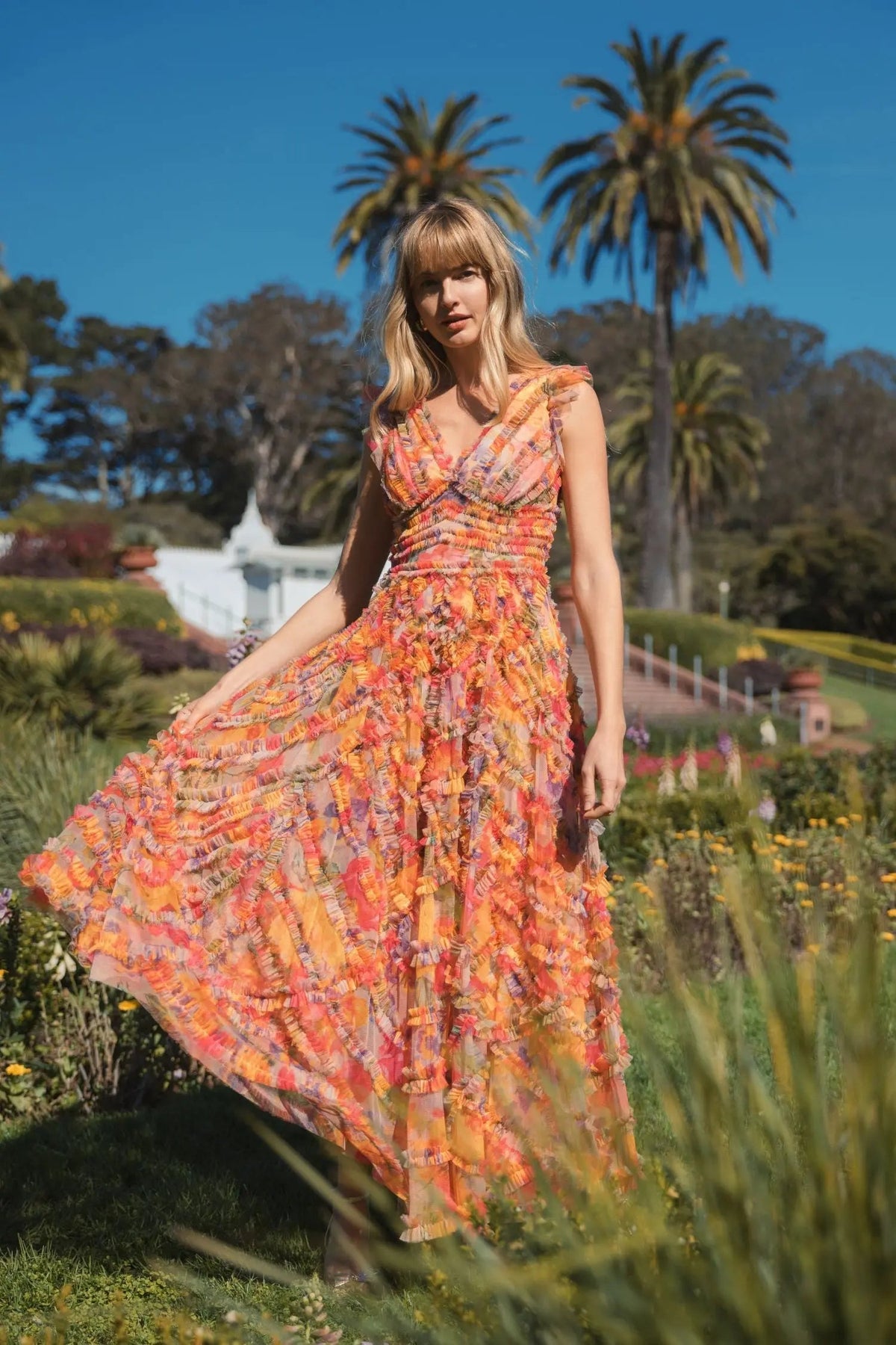 Multicolor Floral V-neck Ruffle Maxi Dress - Designer Collection