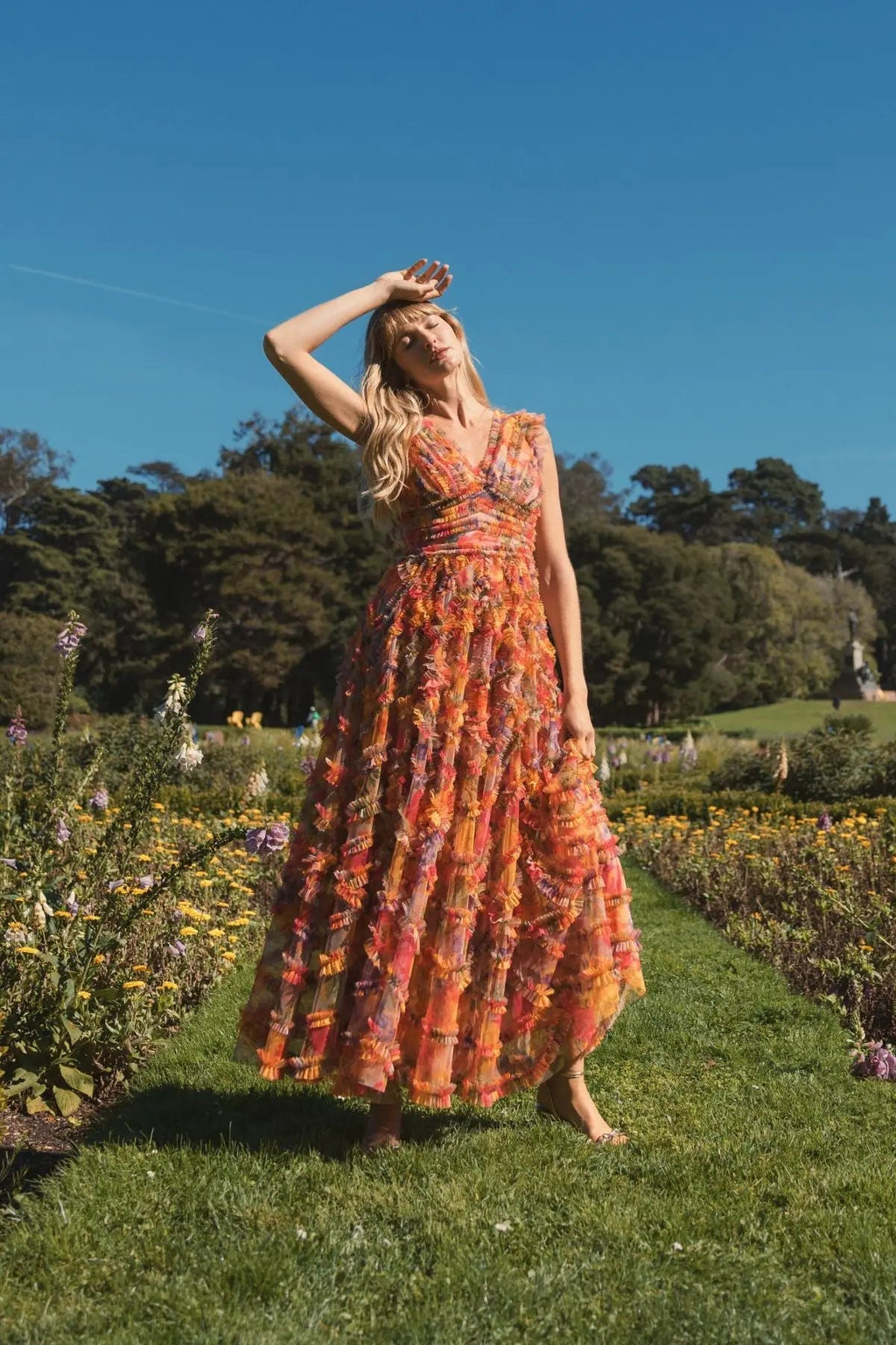 Multicolor Floral V-neck Ruffle Maxi Dress - Designer Collection