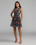 Teal Micro Ruffle Floral A-Line Mini Dress Designer Collection