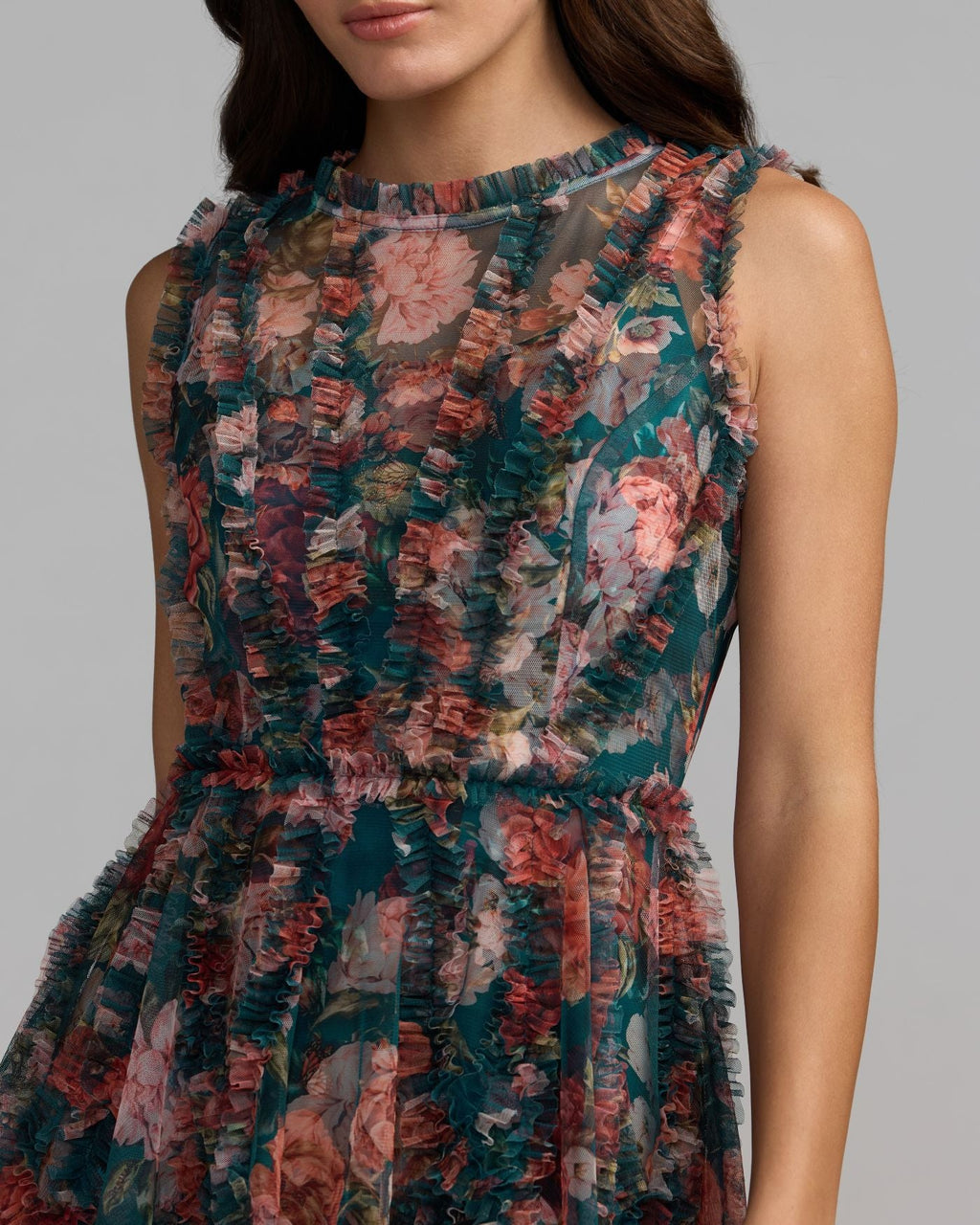 Teal Micro Ruffle Floral A-Line Mini Dress Designer Collection