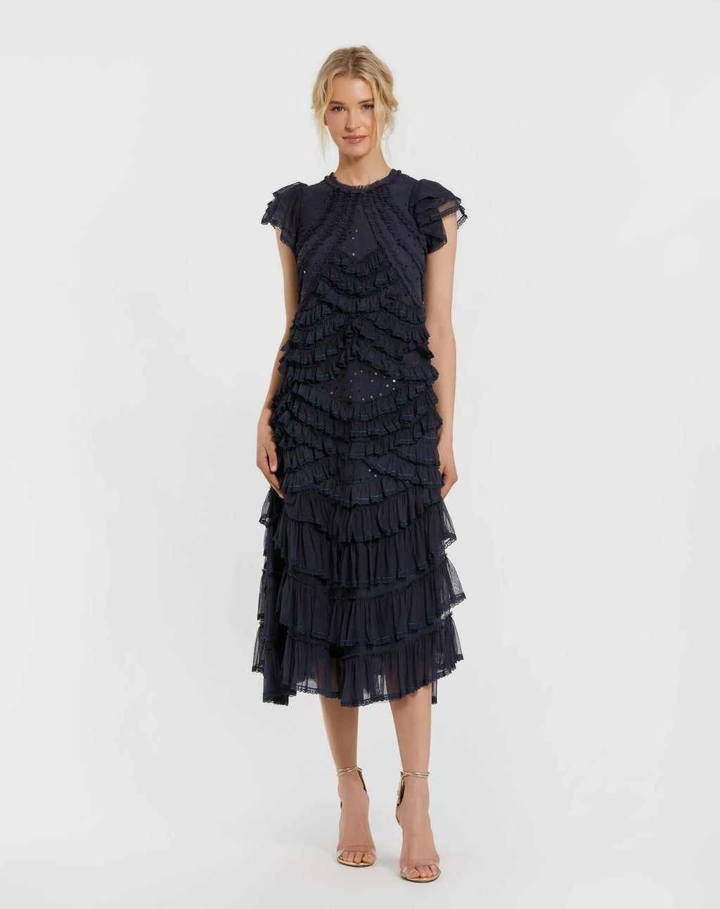 Navy High Neck Cap Sleeve Micro Ruffle Midi Dress - Designer Collection