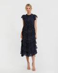 Navy High Neck Cap Sleeve Micro Ruffle Midi Dress - Designer Collection