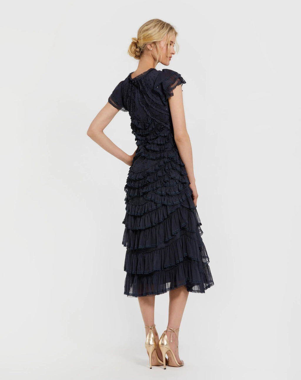 Navy High Neck Cap Sleeve Micro Ruffle Midi Dress - Designer Collection