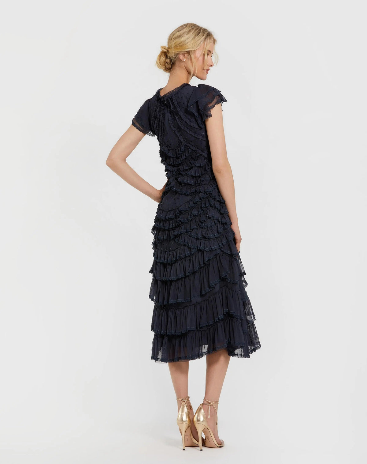 Navy High Neck Cap Sleeve Micro Ruffle Midi Dress - Designer Collection