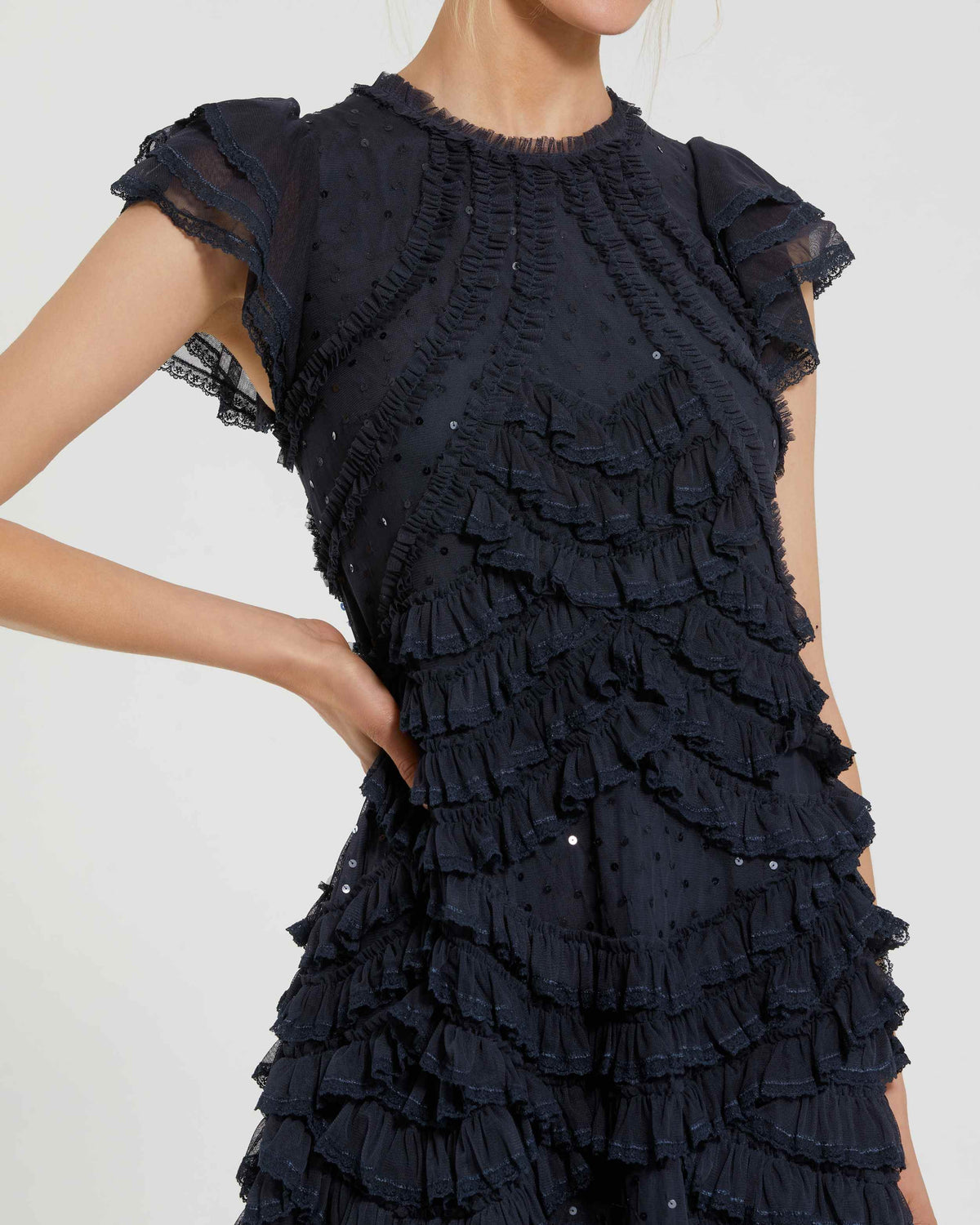 Navy High Neck Cap Sleeve Micro Ruffle Midi Dress - Designer Collection