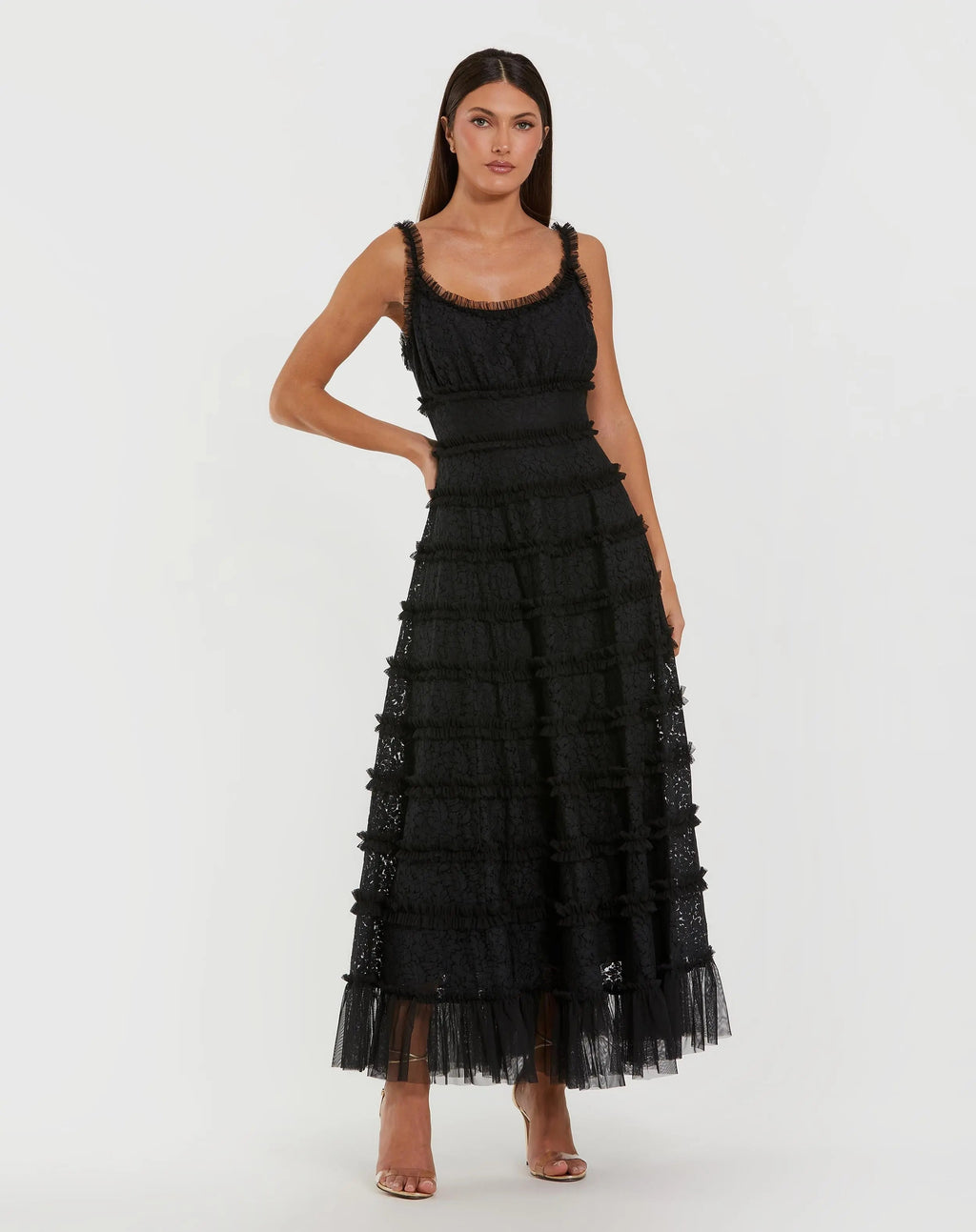 Black Sleeveless Lace A Line Midi Dress With Ruffles - Designer Collection