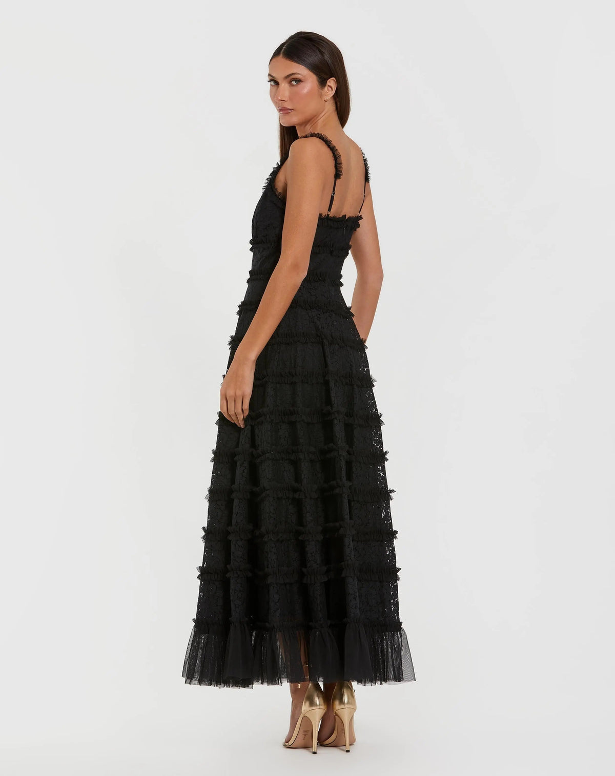 Black Sleeveless Lace A Line Midi Dress With Ruffles - Designer Collection