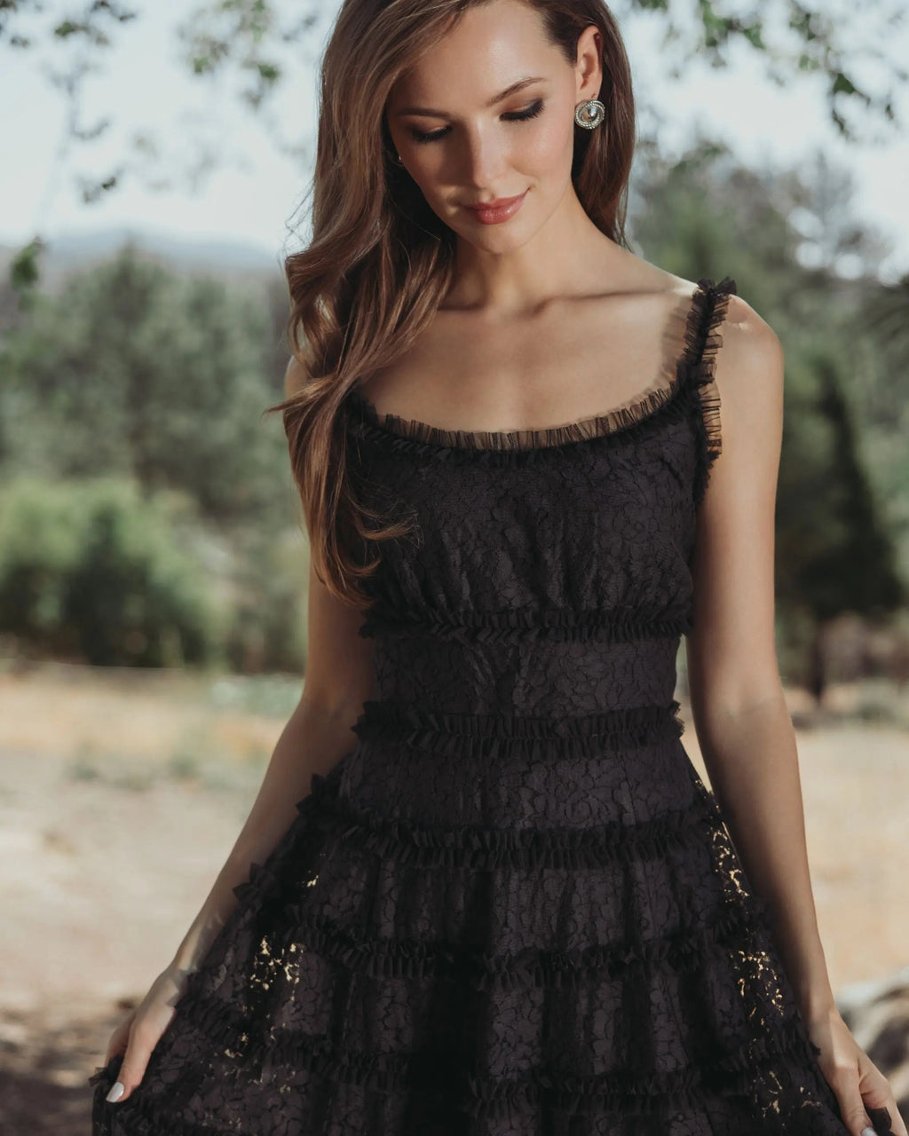Black Sleeveless Lace A Line Midi Dress With Ruffles - Designer Collection
