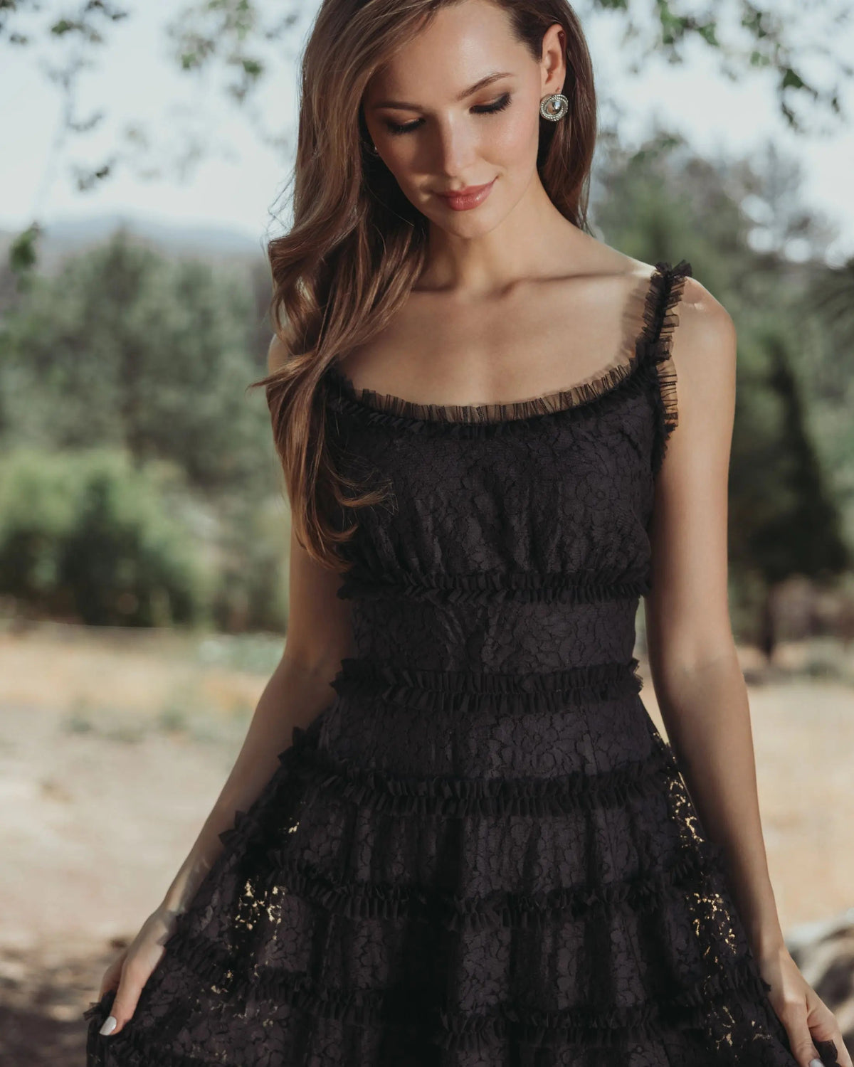 Black Sleeveless Lace A Line Midi Dress With Ruffles - Designer Collection