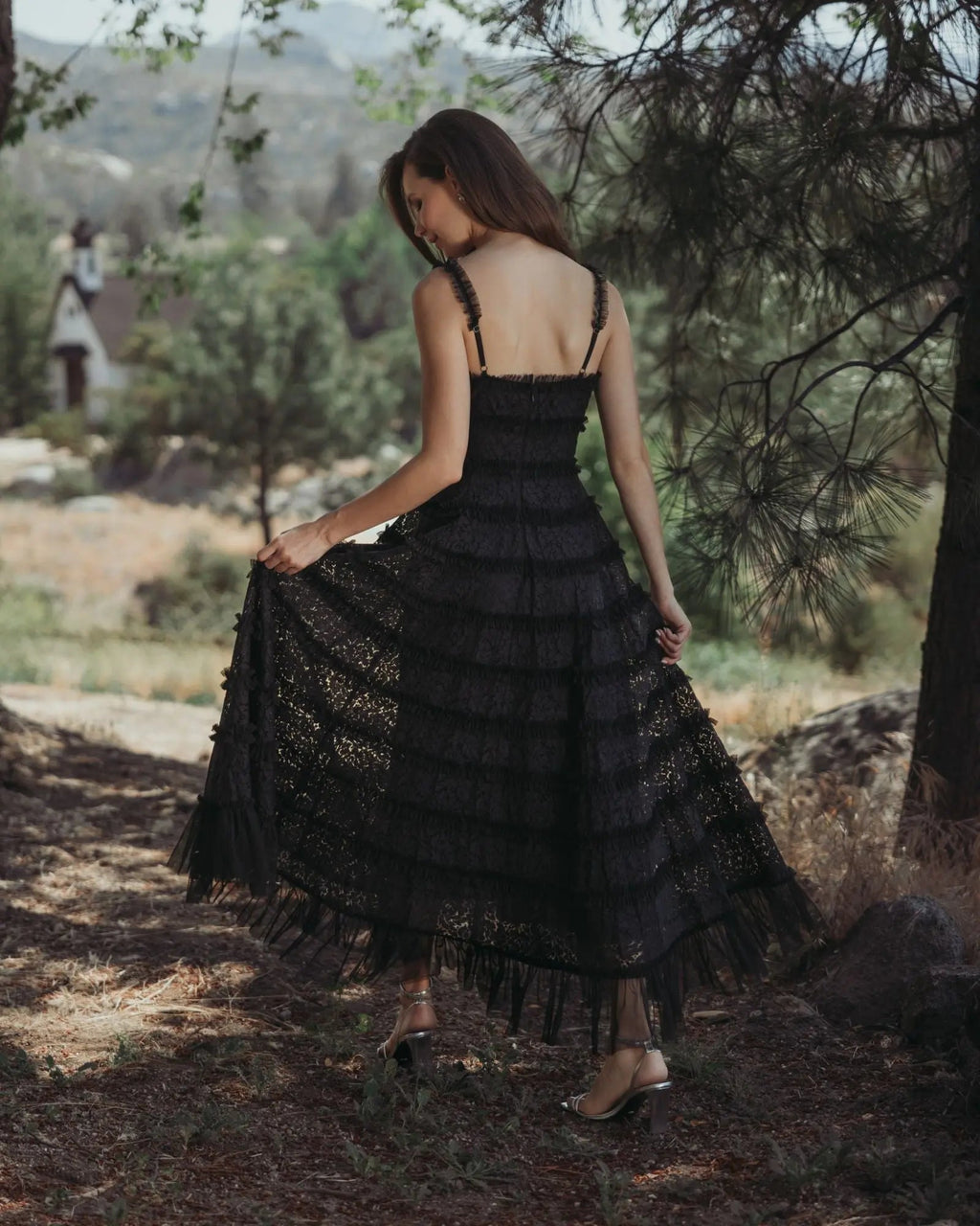 Black Sleeveless Lace A Line Midi Dress With Ruffles - Designer Collection