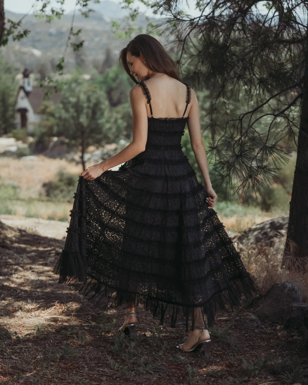 Black Sleeveless Lace A Line Midi Dress With Ruffles - Designer Collection