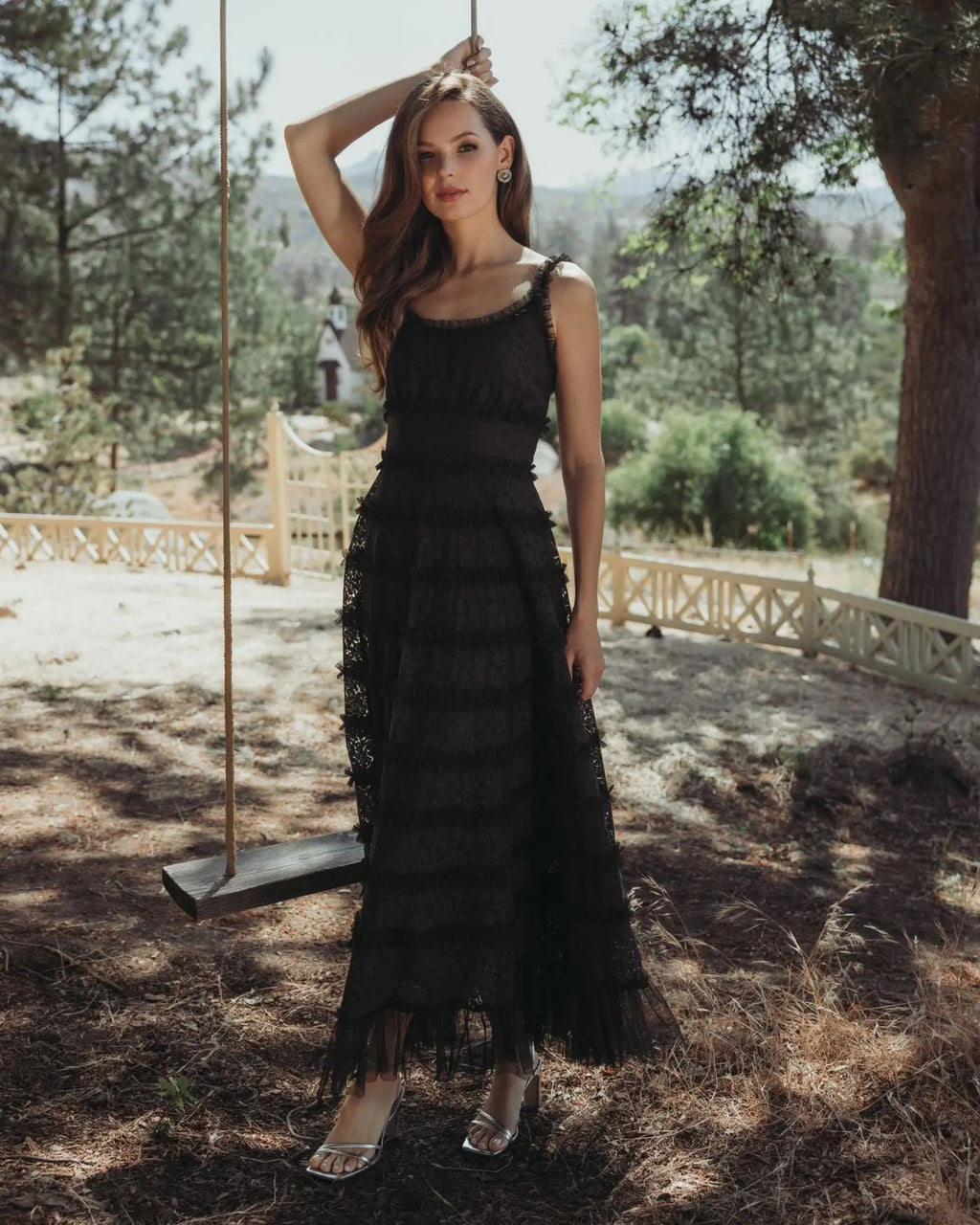 Black Sleeveless Lace A Line Midi Dress With Ruffles - Designer Collection