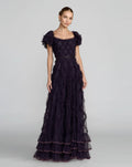 Dark Purple Tiered Ruffle Puff Sleeve Gown - Designer Collection