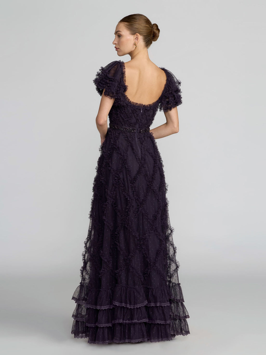 Dark Purple Tiered Ruffle Puff Sleeve Gown - Designer Collection