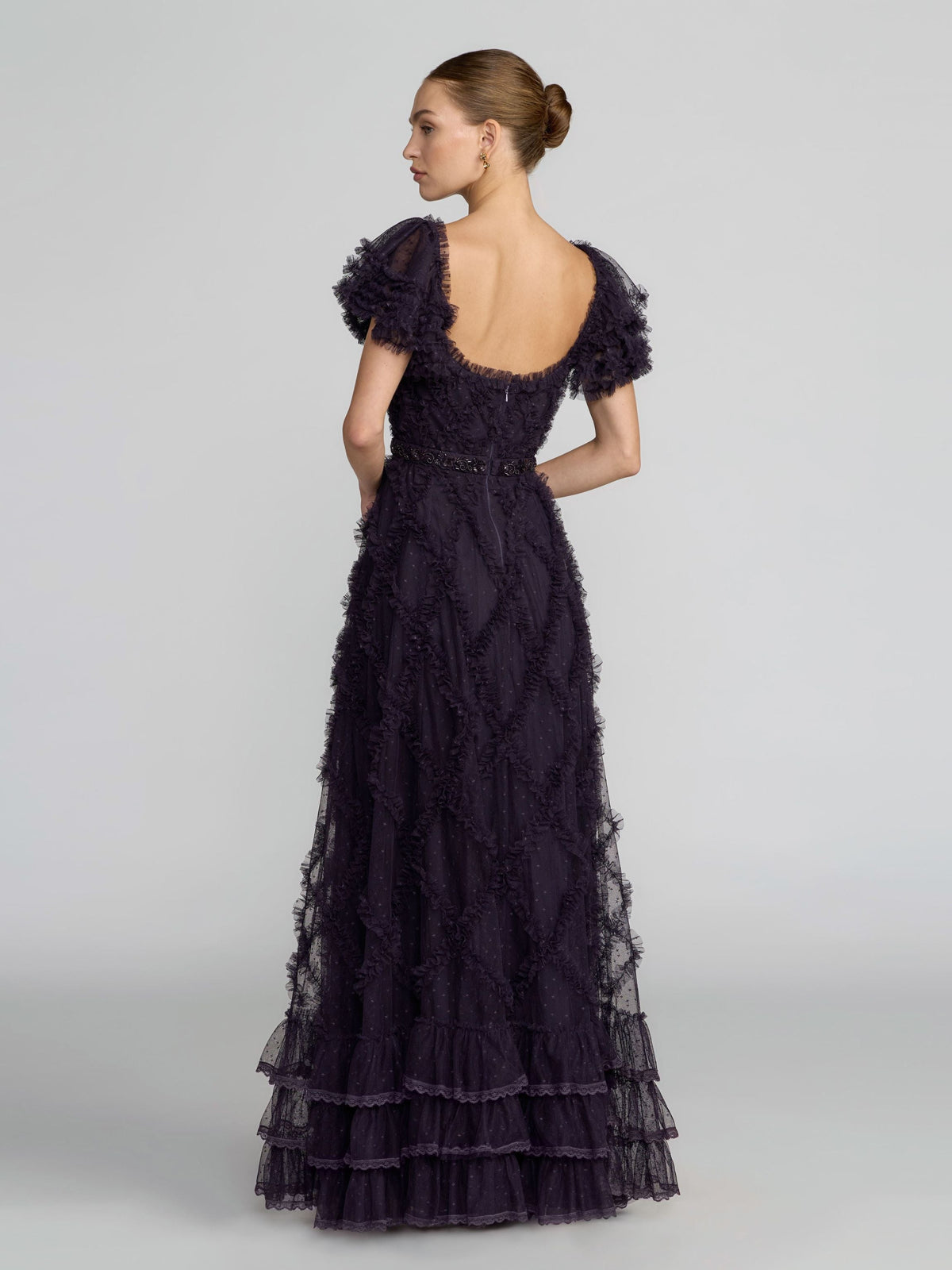Dark Purple Tiered Ruffle Puff Sleeve Gown - Designer Collection