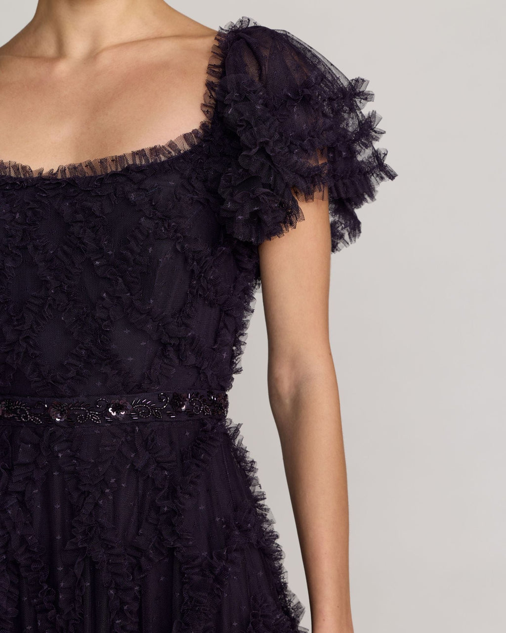 Dark Purple Tiered Ruffle Puff Sleeve Gown - Designer Collection