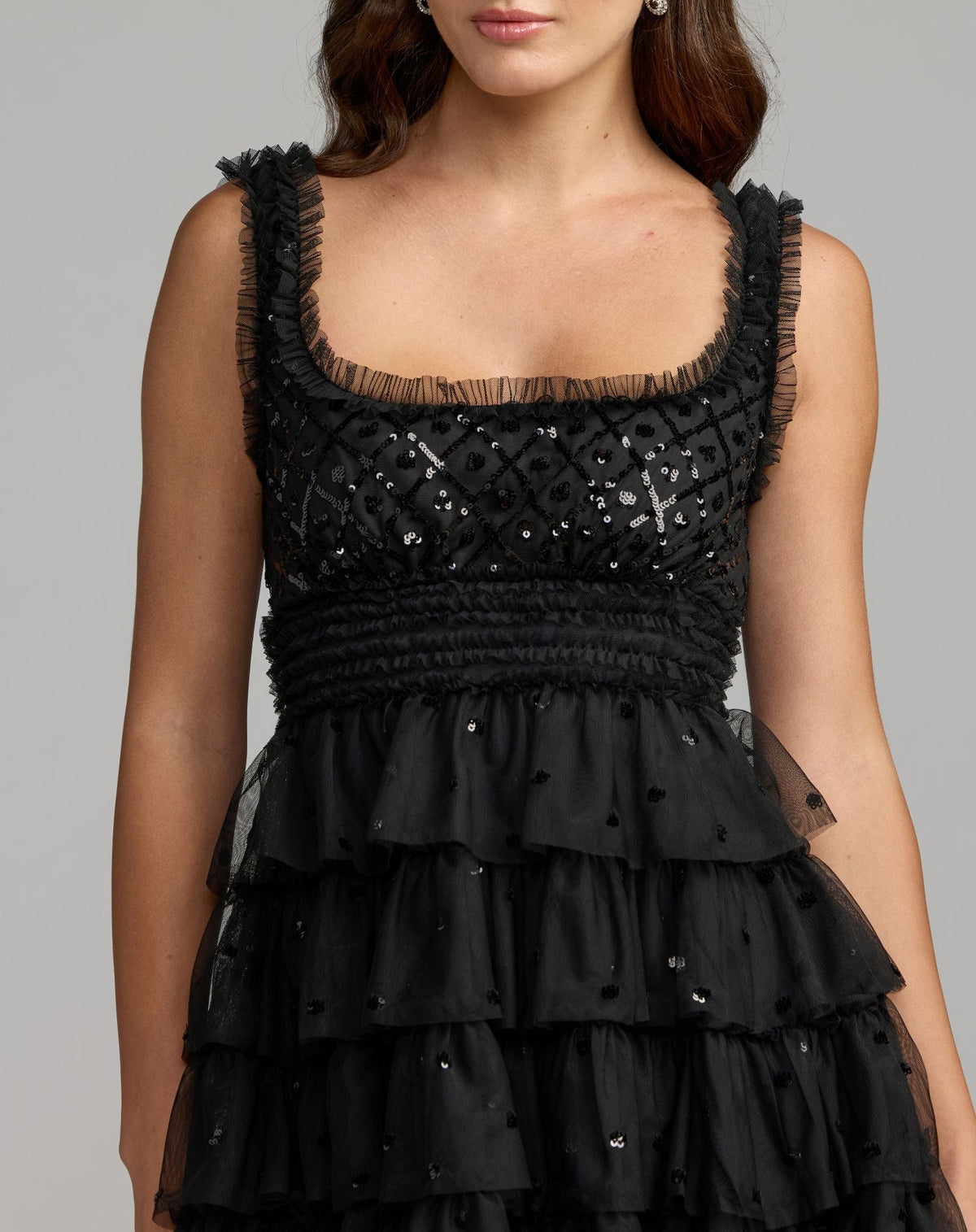 Black Sleeveless Sequin Tiered Ruffle Mini Dress  - Designer Collection